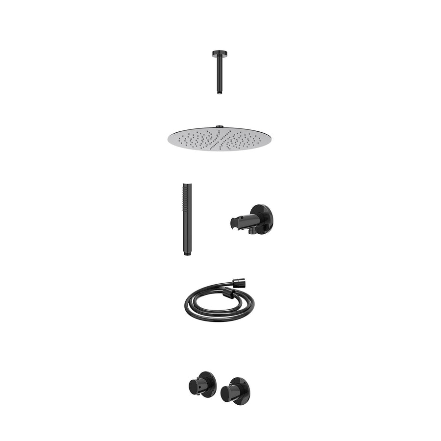 IVY Excl. inbouwbox regendoucheset inbouwthermostaatkraan met 2-weg stop-omstel symmetry, 15cm plafondbuis, R30cmSL, houder met uitlaat, doucheslang 150cm en staafmodel – Zwart chr