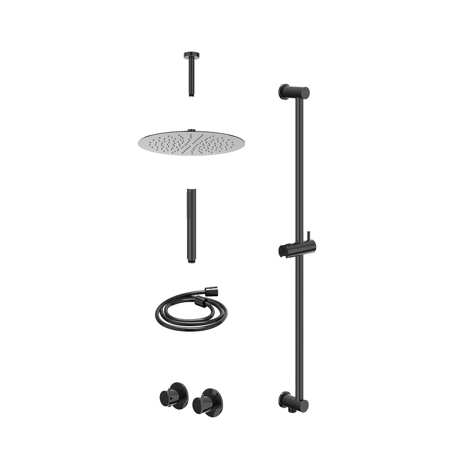 IVY Excl. inbouwbox regendoucheset inbouwthermostaatkraan met 2-weg stop-omstel symmetry, 15cm plafondbuis, R30cmSL, glijstang met uitlaat, doucheslang 150cm en staafmodel – Zwart 