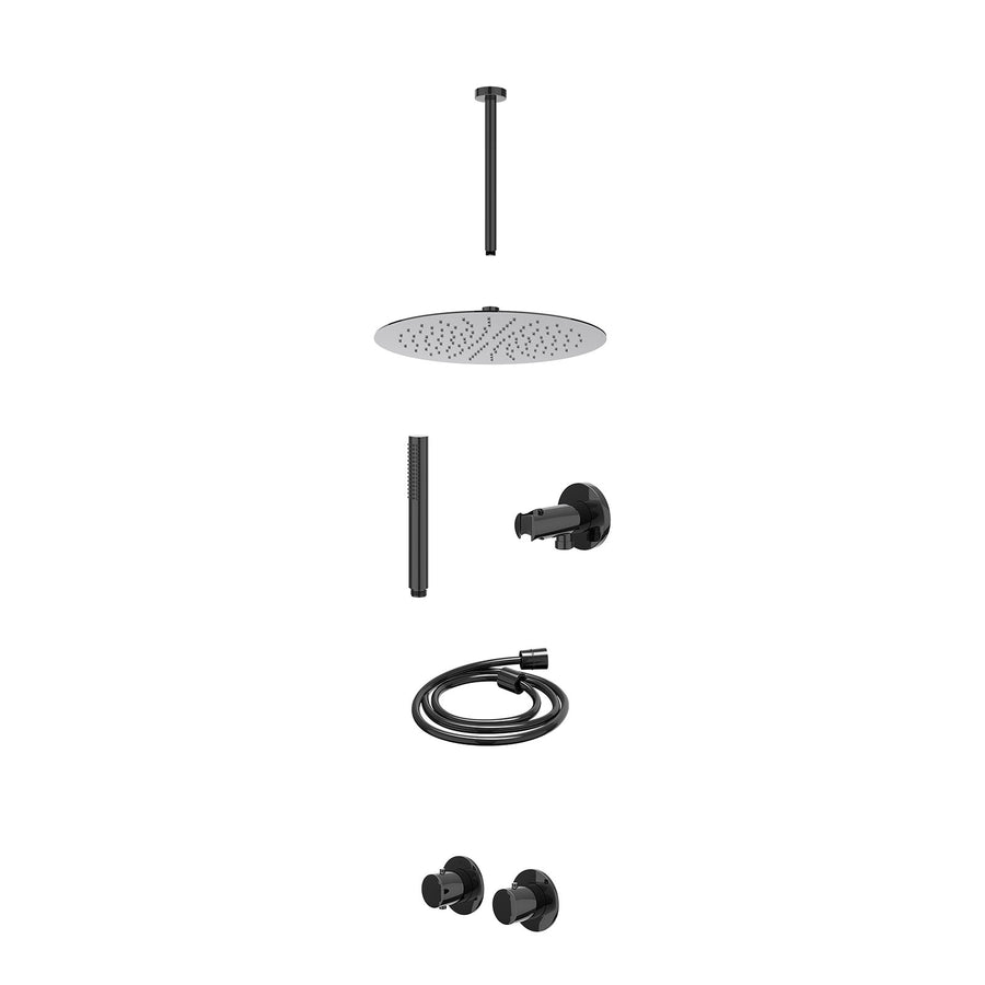 IVY Excl. inbouwbox regendoucheset inbouwthermostaatkraan met 2-weg stop-omstel symmetry, 30cm plafondbuis, R30cmSL, houder met uitlaat, doucheslang 150cm en staafmodel – Zwart chr