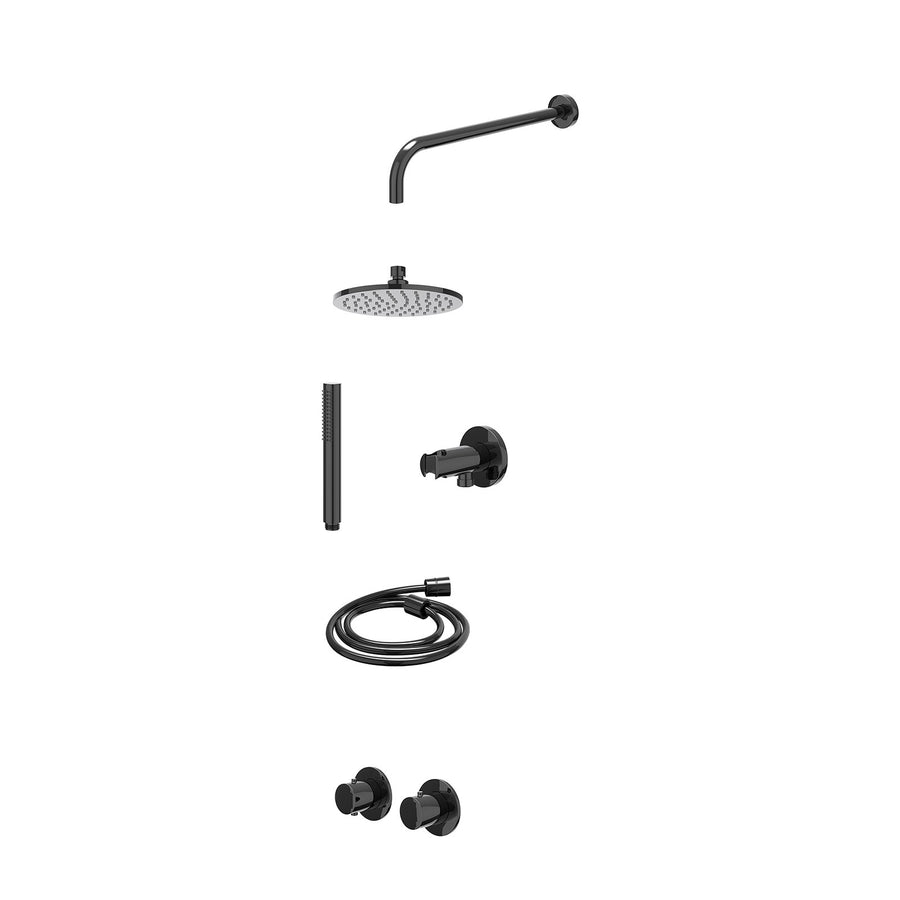 IVY Excl. inbouwbox regendoucheset inbouwthermostaatkraan met 2-weg stop-omstel symmetry, 40cm wandarm, R20cmME, houder met uitlaat, doucheslang 150cm en staafmodel – Zwart chroom 