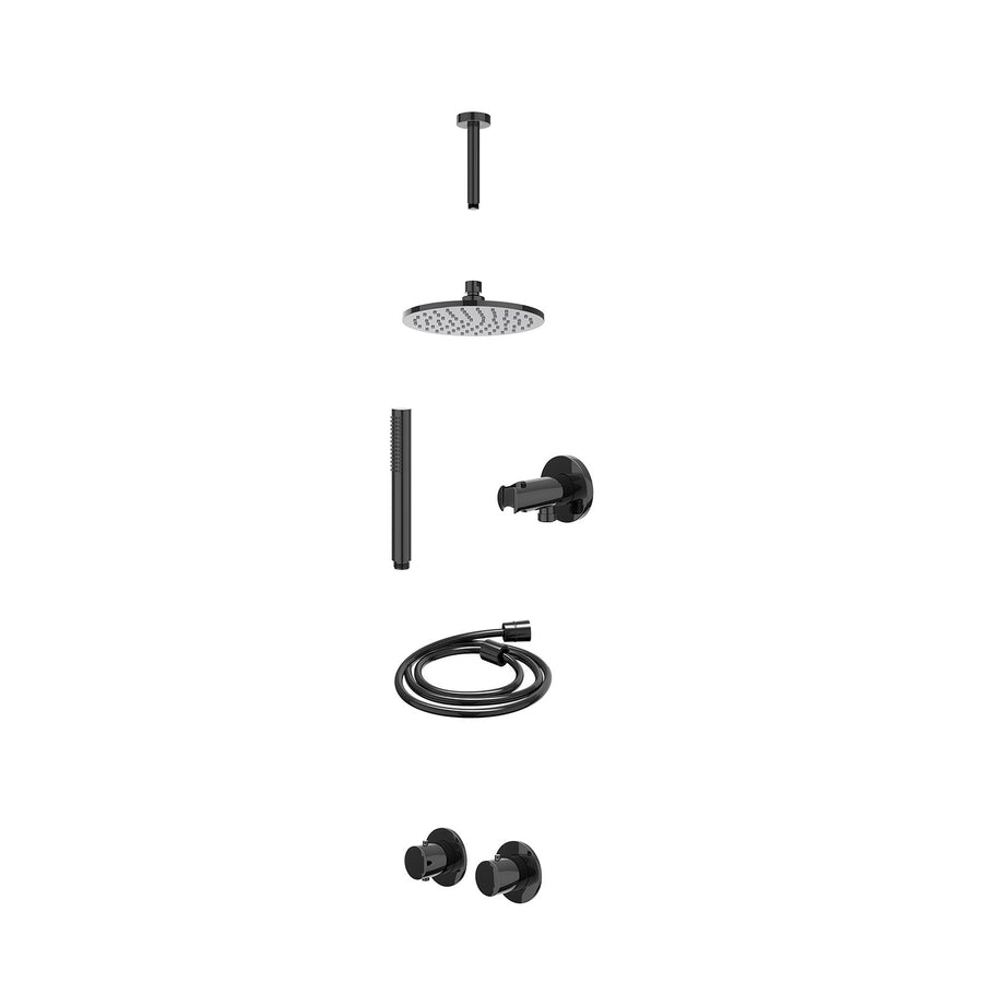 IVY Excl. inbouwbox regendoucheset inbouwthermostaatkraan met 2-weg stop-omstel symmetry, 15cm plafondbuis, R20cmME, houder met uitlaat, doucheslang 150cm en staafmodel – Zwart chr