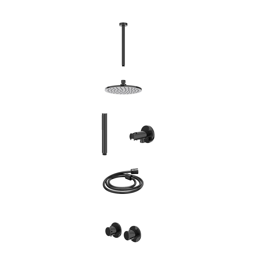 IVY Excl. inbouwbox regendoucheset inbouwthermostaatkraan met 2-weg stop-omstel symmetry, 30cm plafondbuis, R20cmME, houder met uitlaat, doucheslang 150cm en staafmodel – Zwart chr