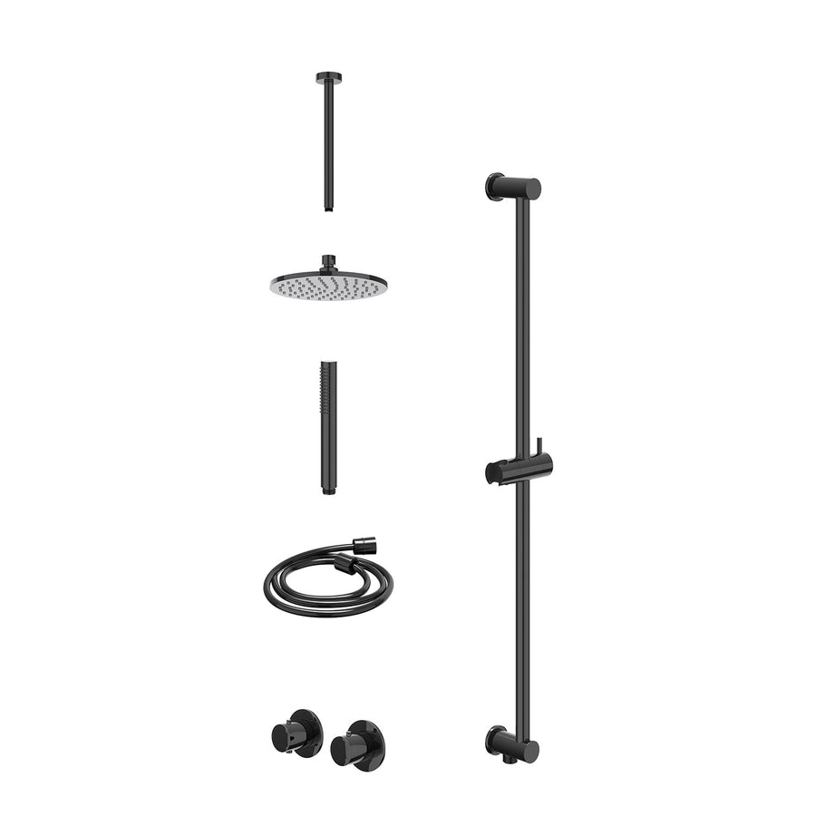 IVY Excl. inbouwbox regendoucheset inbouwthermostaatkraan met 2-weg stop-omstel symmetry, 30cm plafondbuis, R20cmME, glijstang met uitlaat, doucheslang 150cm en staafmodel – Zwart 