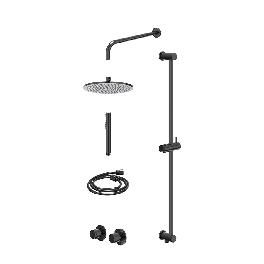IVY Excl. inbouwbox regendoucheset inbouwthermostaatkraan met 2-weg stop-omstel symmetry, 40cm wandarm, R25cmME, glijstang met uitlaat, doucheslang 150cm en staafmodel – Zwart chro