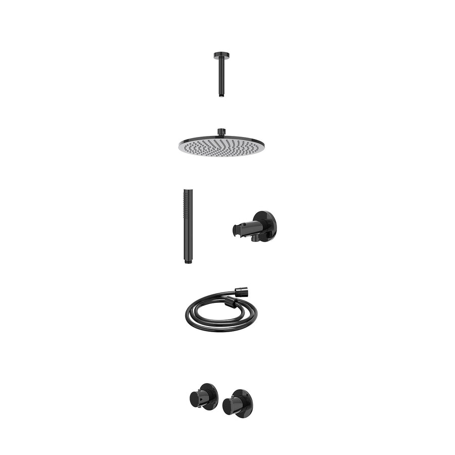 IVY Excl. inbouwbox regendoucheset inbouwthermostaatkraan met 2-weg stop-omstel symmetry, 15cm plafondbuis, R25cmME, houder met uitlaat, doucheslang 150cm en staafmodel – Zwart chr