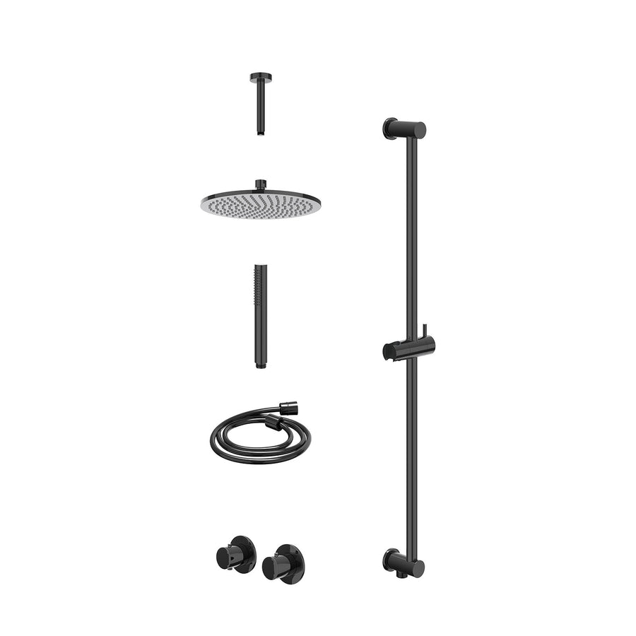 IVY Excl. inbouwbox regendoucheset inbouwthermostaatkraan met 2-weg stop-omstel symmetry, 15cm plafondbuis, R25cmME, glijstang met uitlaat, doucheslang 150cm en staafmodel – Zwart 
