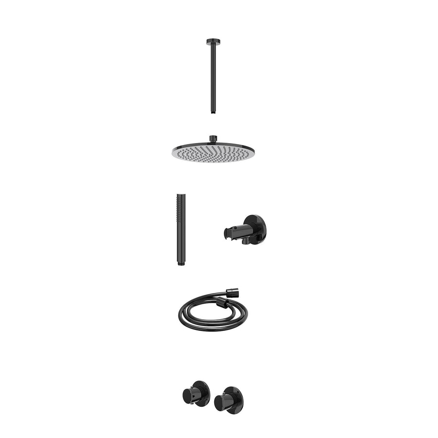 IVY Excl. inbouwbox regendoucheset inbouwthermostaatkraan met 2-weg stop-omstel symmetry, 30cm plafondbuis, R25cmME, houder met uitlaat, doucheslang 150cm en staafmodel – Zwart chr