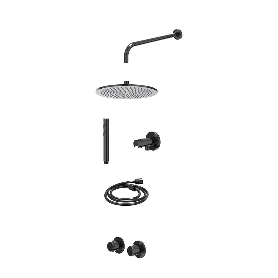 IVY Excl. inbouwbox regendoucheset inbouwthermostaatkraan met 2-weg stop-omstel symmetry, 40cm wandarm, R30cmME, houder met uitlaat, doucheslang 150cm en staafmodel – Zwart chroom 
