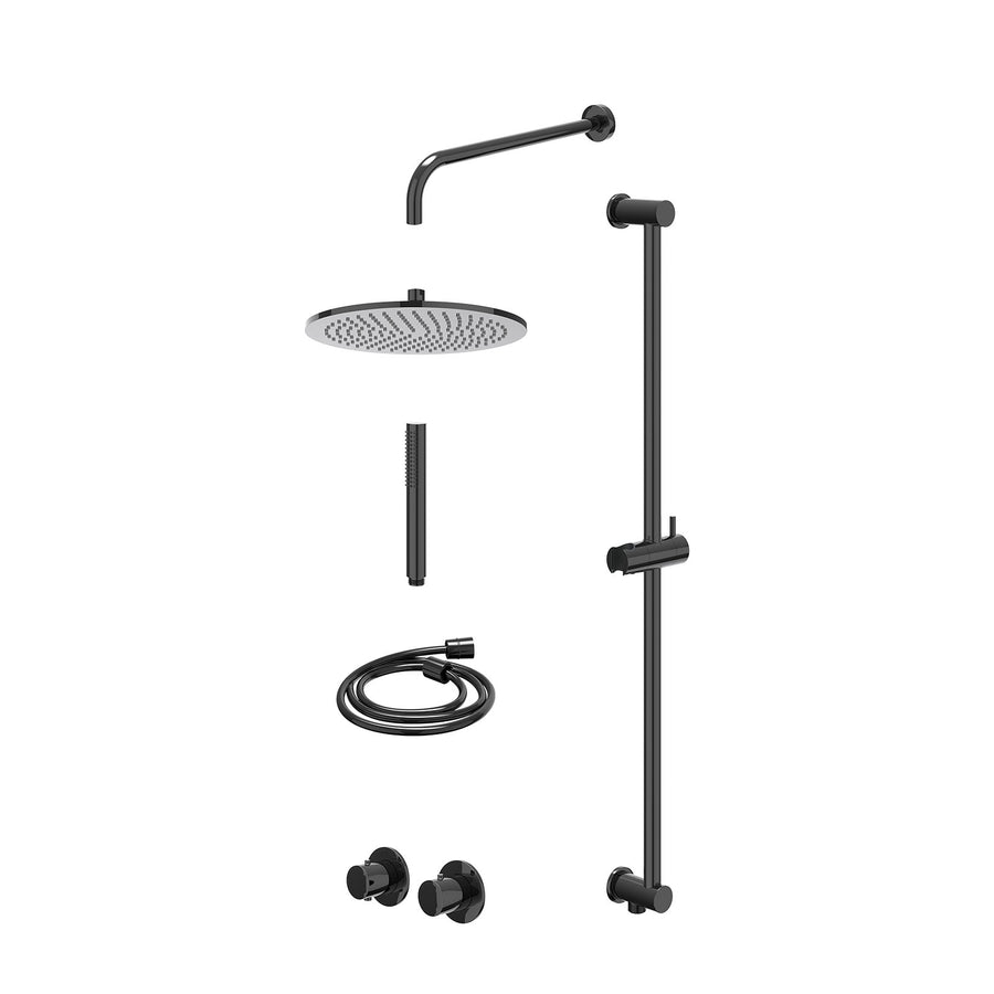 IVY Excl. inbouwbox regendoucheset inbouwthermostaatkraan met 2-weg stop-omstel symmetry, 40cm wandarm, R30cmME, glijstang met uitlaat, doucheslang 150cm en staafmodel – Zwart chro