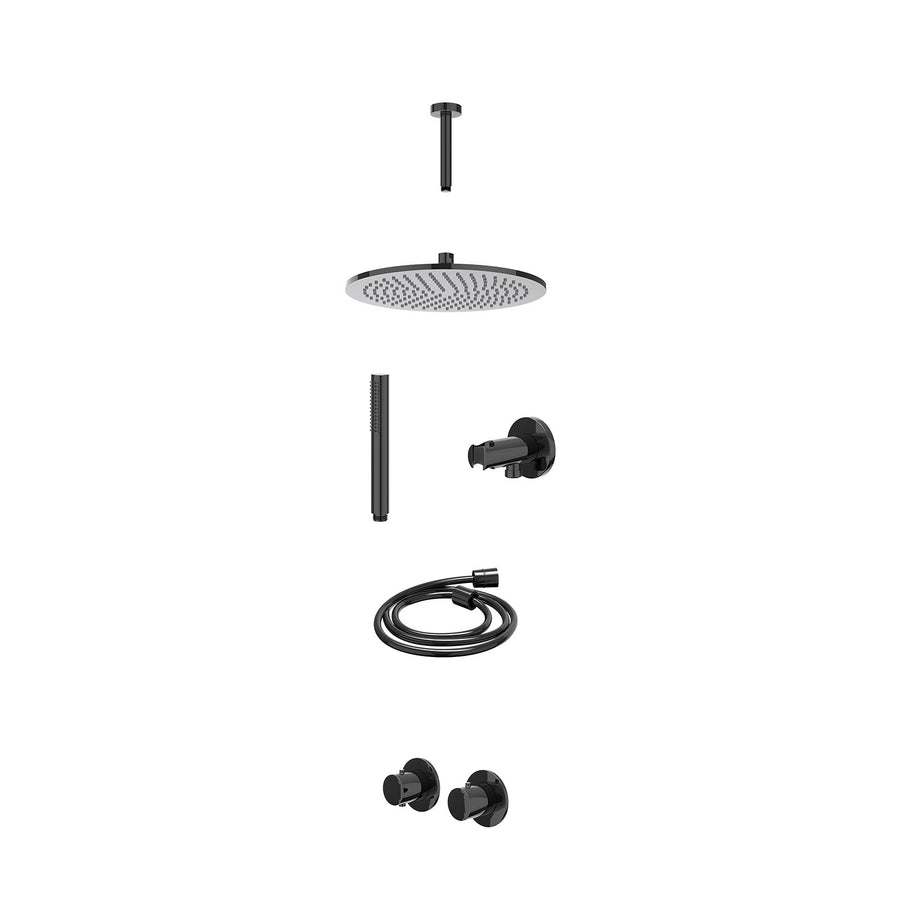 IVY Excl. inbouwbox regendoucheset inbouwthermostaatkraan met 2-weg stop-omstel symmetry, 15cm plafondbuis, R30cmME, houder met uitlaat, doucheslang 150cm en staafmodel – Zwart chr