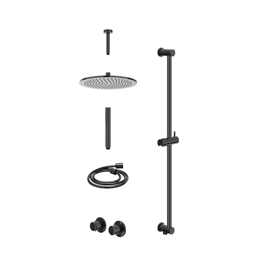 IVY Excl. inbouwbox regendoucheset inbouwthermostaatkraan met 2-weg stop-omstel symmetry, 15cm plafondbuis, R30cmME, glijstang met uitlaat, doucheslang 150cm en staafmodel – Zwart 