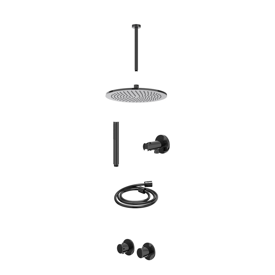IVY Excl. inbouwbox regendoucheset inbouwthermostaatkraan met 2-weg stop-omstel symmetry, 30cm plafondbuis, R30cmME, houder met uitlaat, doucheslang 150cm en staafmodel – Zwart chr