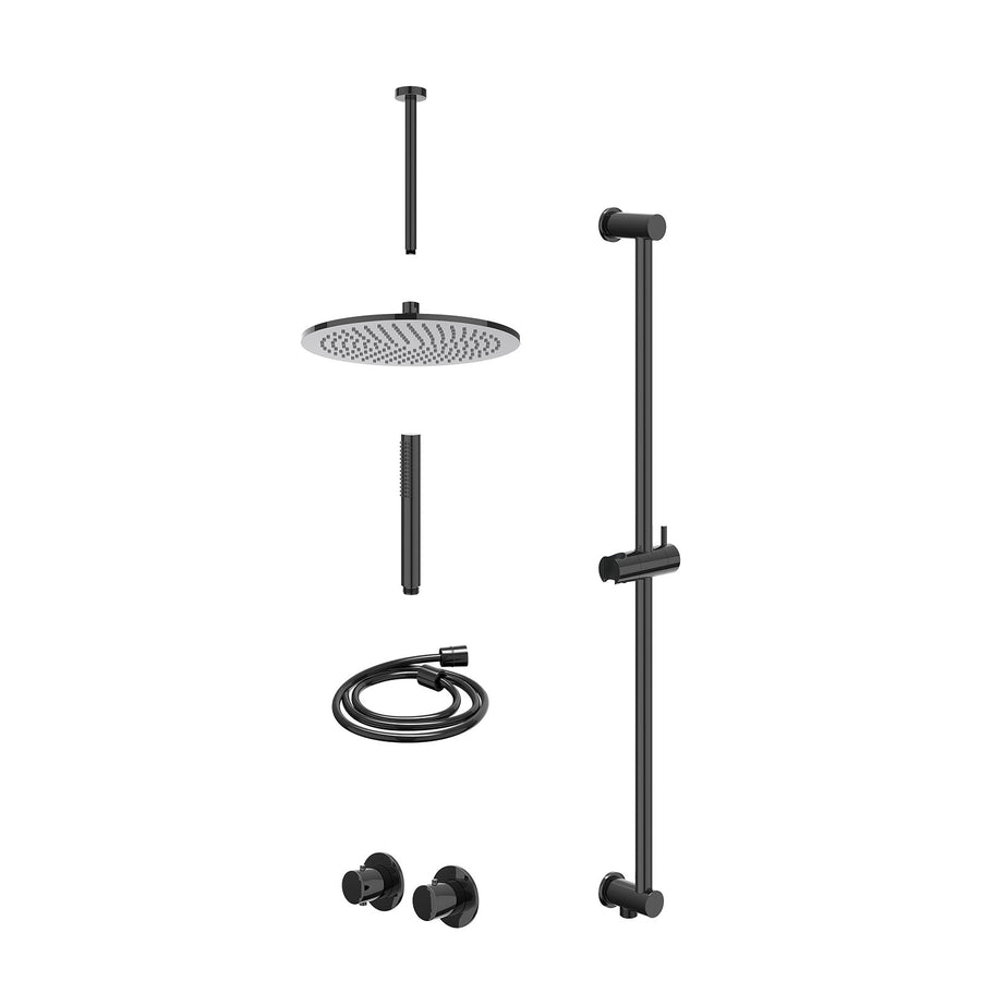 IVY Excl. inbouwbox regendoucheset inbouwthermostaatkraan met 2-weg stop-omstel symmetry, 30cm plafondbuis, R30cmME, glijstang met uitlaat, doucheslang 150cm en staafmodel – Zwart 
