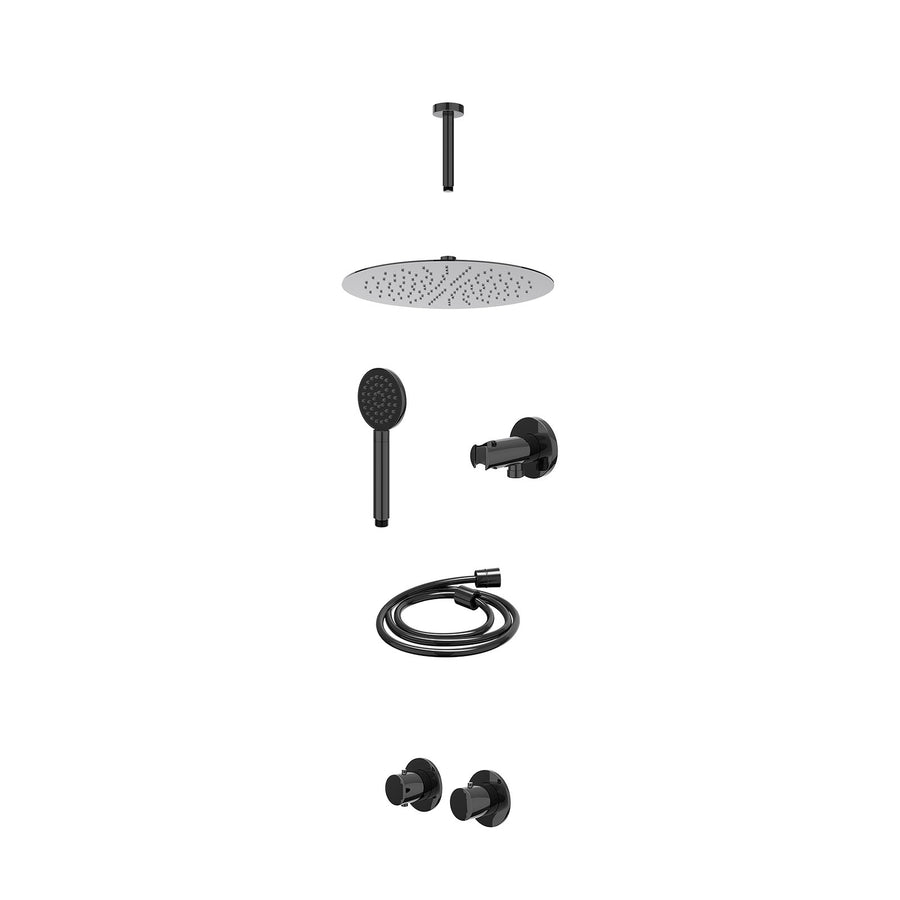 IVY Excl. inbouwbox regendoucheset inbouwthermostaatkraan met 2-weg stop-omstel symmetry, 15cm plafondbuis, R30cmSL, houder met uitlaat, doucheslang 150cm en satin spray handdouche