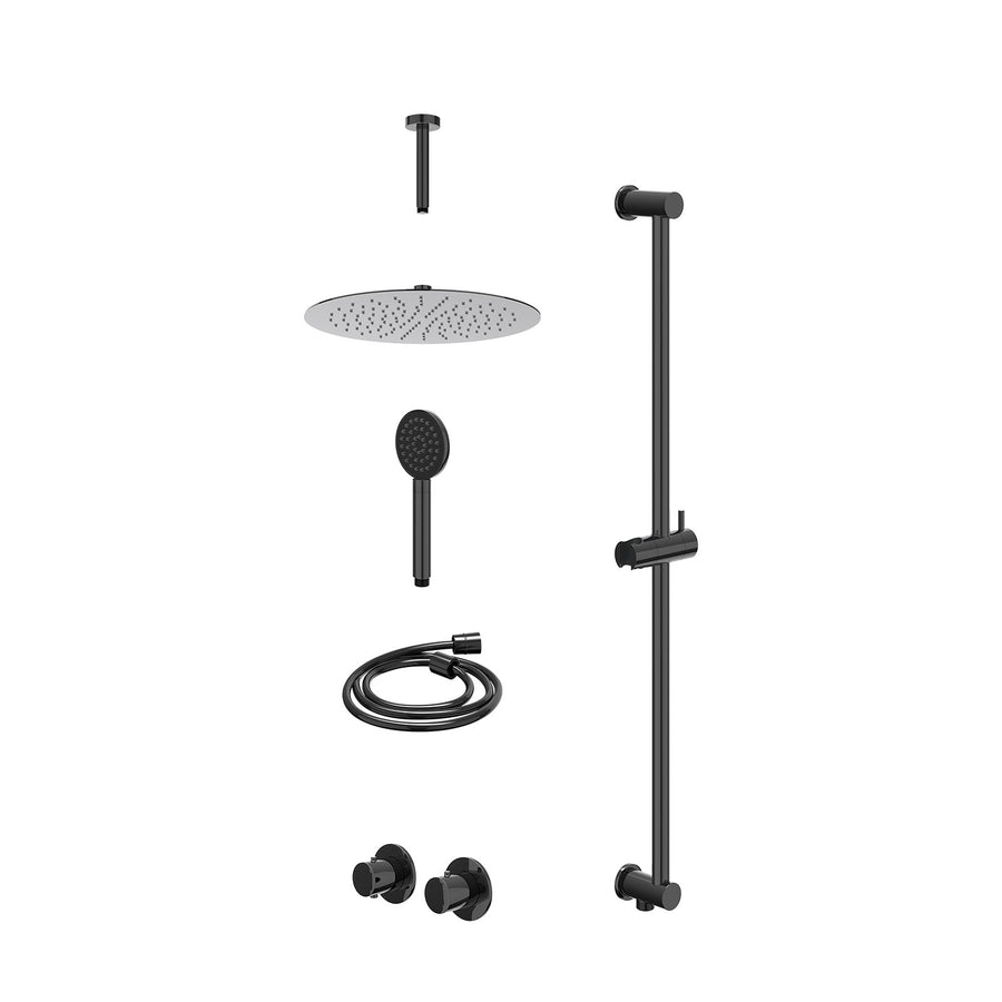 IVY Excl. inbouwbox regendoucheset inbouwthermostaatkraan met 2-weg stop-omstel symmetry, 15cm plafondbuis, R30cmSL, glijstang met uitlaat, doucheslang 150cm en satin spray handdou