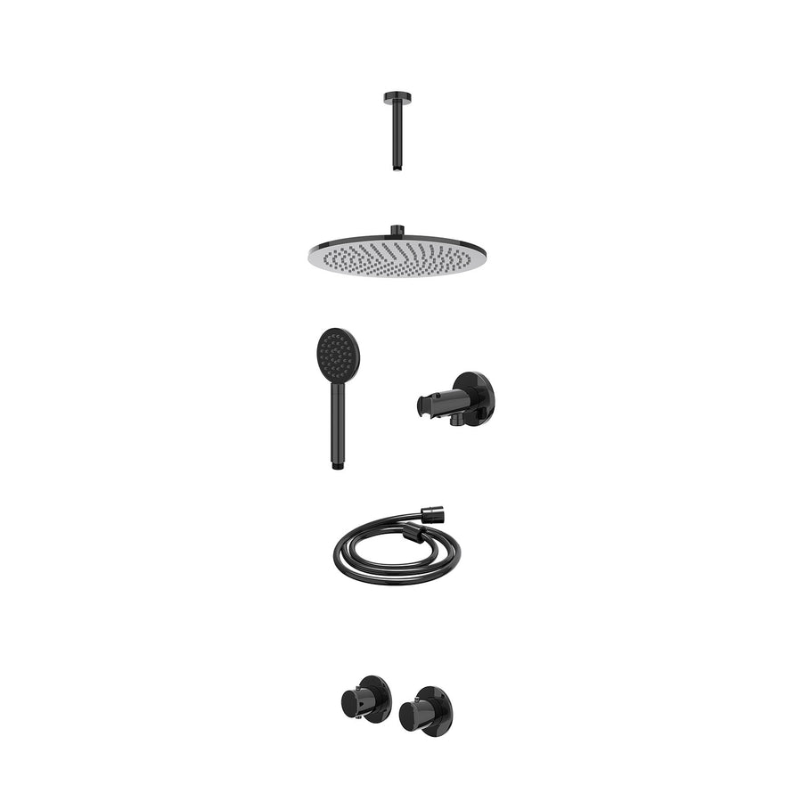 IVY Excl. inbouwbox regendoucheset inbouwthermostaatkraan met 2-weg stop-omstel symmetry, 15cm plafondbuis, R30cmME, houder met uitlaat, doucheslang 150cm en satin spray handdouche