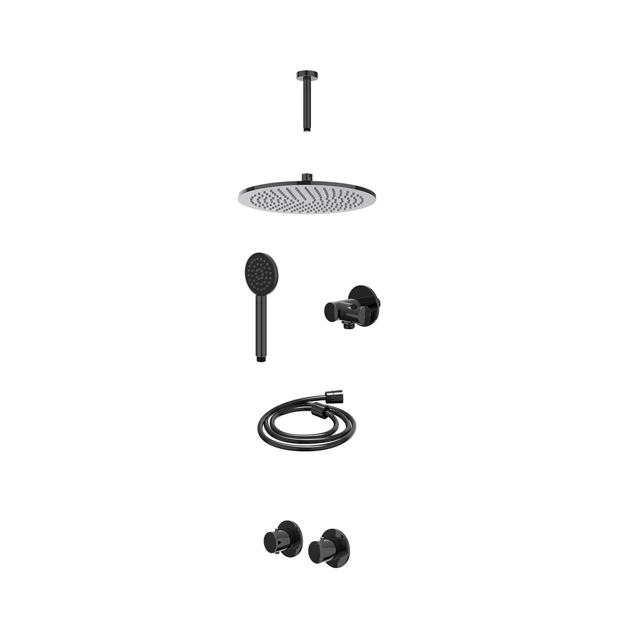 IVY Excl. inbouwbox regendoucheset inbouwthermostaatkraan met 2-weg stop-omstel symmetry, 15cm plafondbuis, R30cmME, verstelbare steun met geïnt. uitlaat, doucheslang 150cm en sati