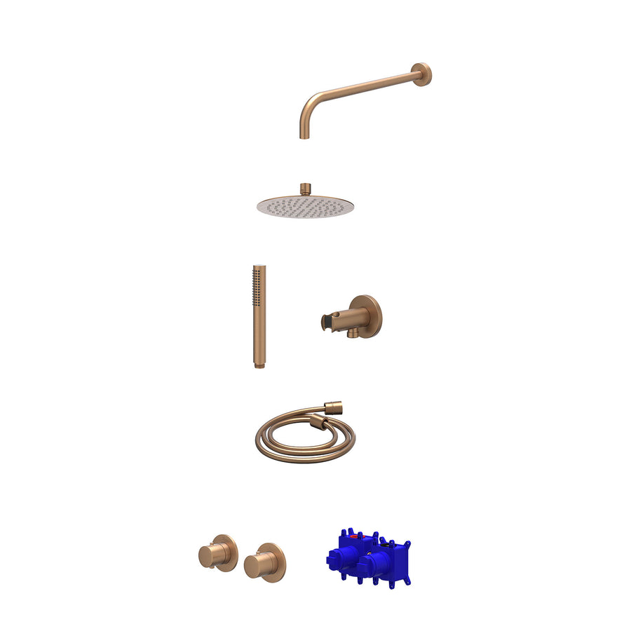IVY Regendoucheset inbouwthermostaatkraan met 2-weg stop-omstel symmetry, 40cm wandarm, R20cmSL, houder met uitlaat, doucheslang 150cm en staafmodel – Gebr. mat koper PVD