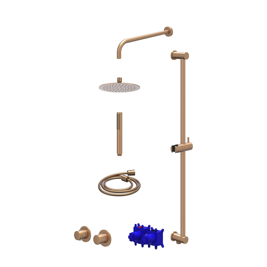 IVY Regendoucheset inbouwthermostaatkraan met 2-weg stop-omstel symmetry, 40cm wandarm, R20cmSL, glijstang met uitlaat, doucheslang 150cm en staafmodel – Gebr. mat koper PVD