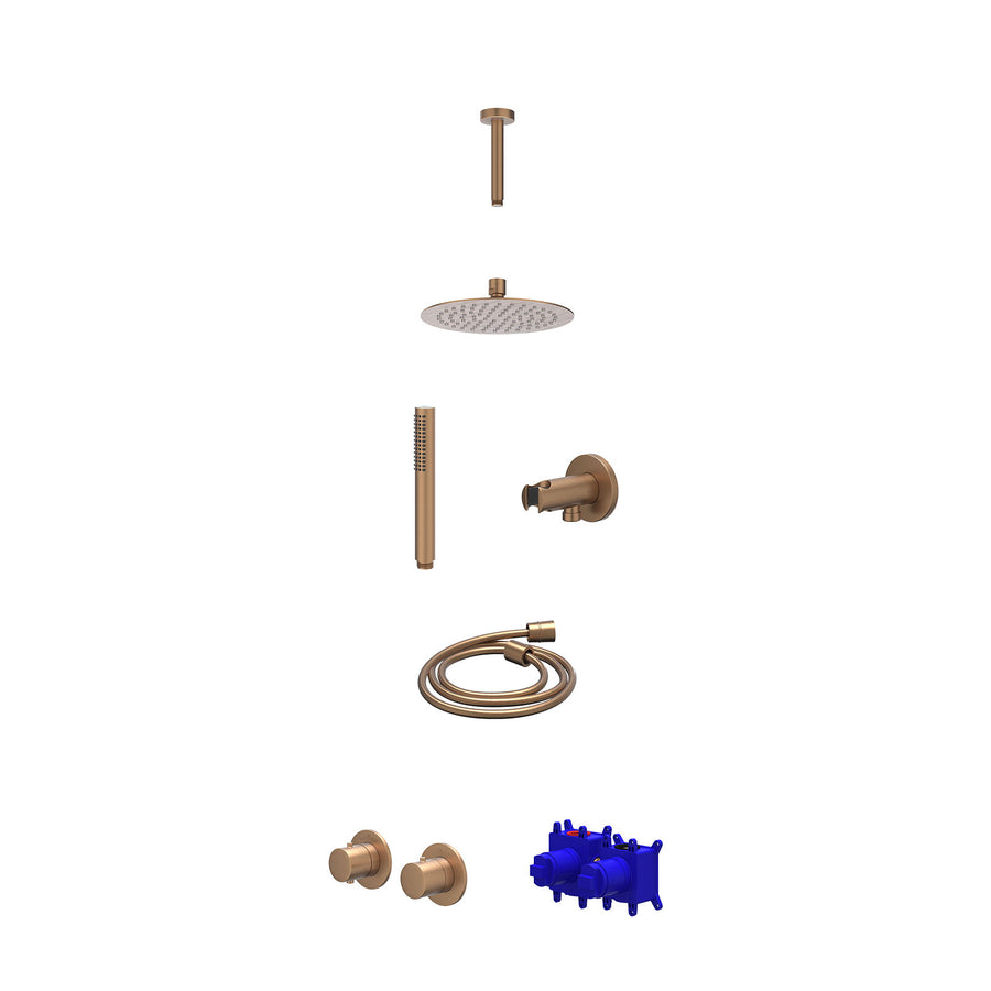 IVY Regendoucheset inbouwthermostaatkraan met 2-weg stop-omstel symmetry, 15cm plafondbuis, R20cmSL, houder met uitlaat, doucheslang 150cm en staafmodel – Gebr. mat koper PVD