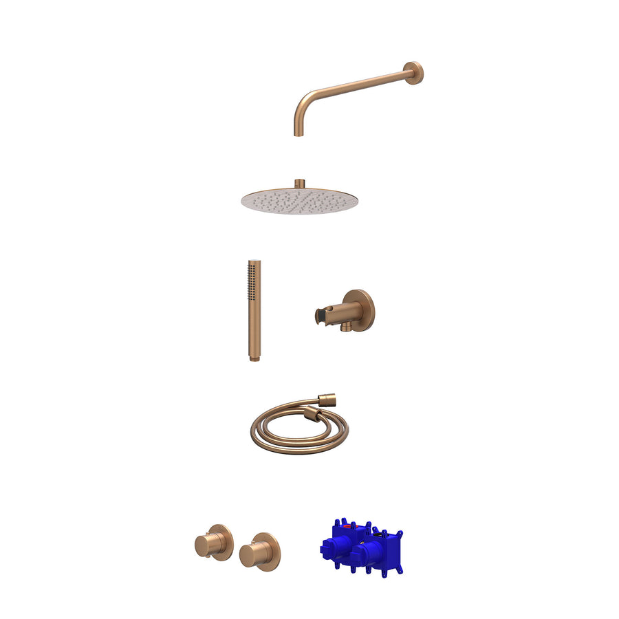 IVY Regendoucheset inbouwthermostaatkraan met 2-weg stop-omstel symmetry, 40cm wandarm, R25cmSL, houder met uitlaat, doucheslang 150cm en staafmodel – Gebr. mat koper PVD