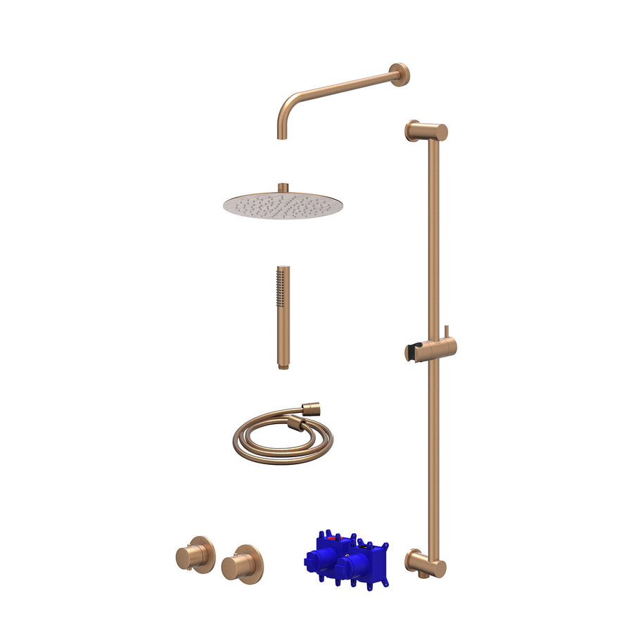 IVY Regendoucheset inbouwthermostaatkraan met 2-weg stop-omstel symmetry, 40cm wandarm, R25cmSL, glijstang met uitlaat, doucheslang 150cm en staafmodel – Gebr. mat koper PVD