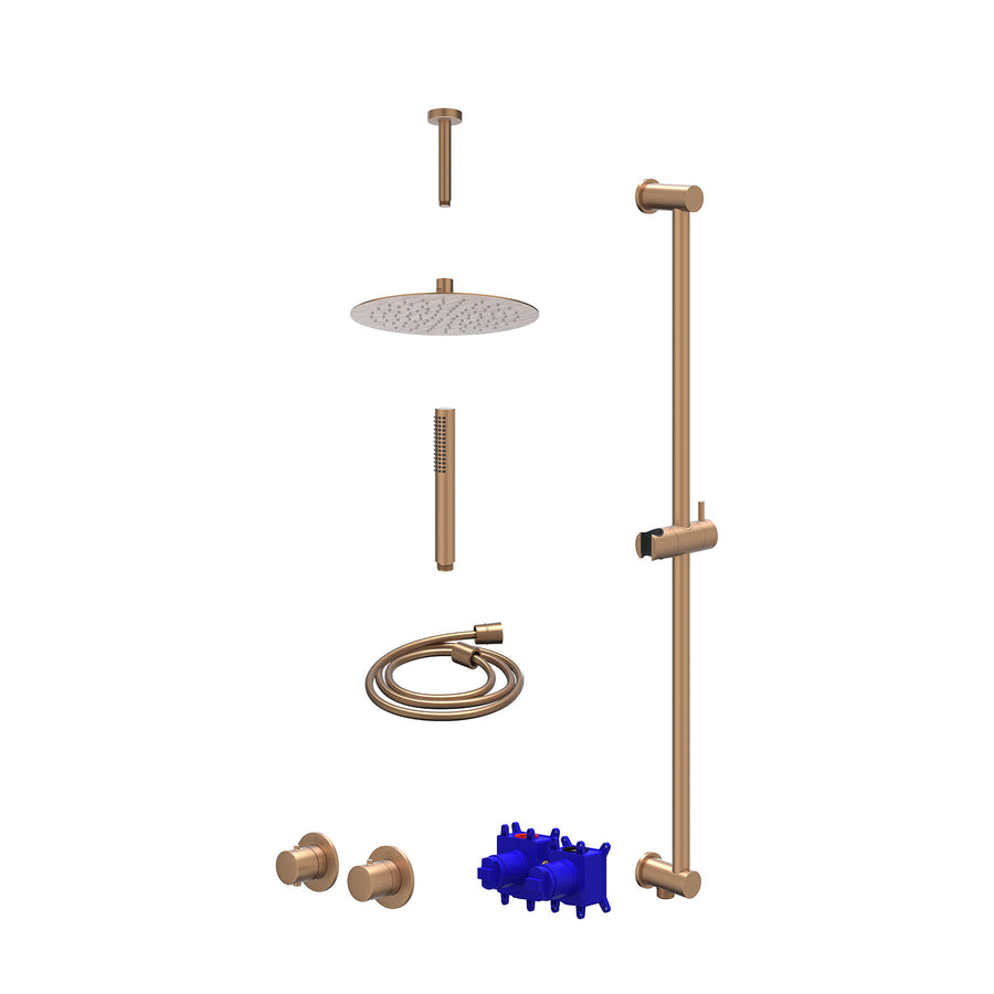 IVY Regendoucheset inbouwthermostaatkraan met 2-weg stop-omstel symmetry, 15cm plafondbuis, R25cmSL, glijstang met uitlaat, doucheslang 150cm en staafmodel – Gebr. mat koper PVD