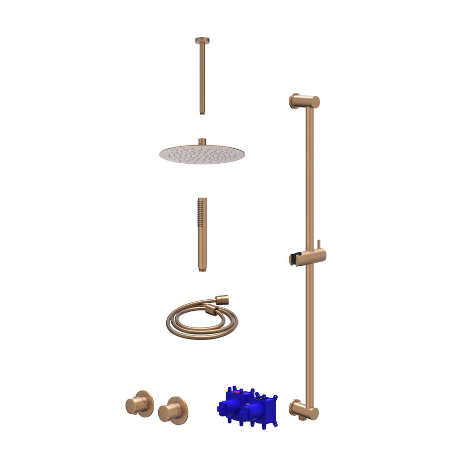 IVY Regendoucheset inbouwthermostaatkraan met 2-weg stop-omstel symmetry, 30cm plafondbuis, R25cmSL, glijstang met uitlaat, doucheslang 150cm en staafmodel – Gebr. mat koper PVD