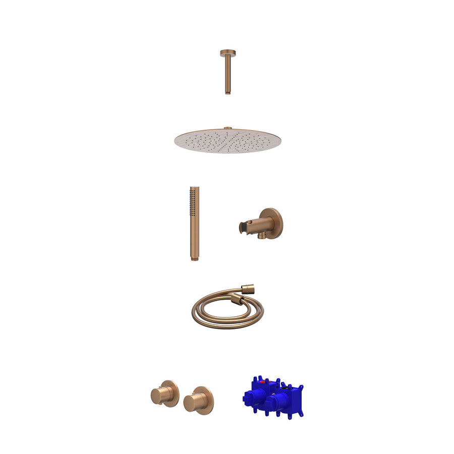 IVY Regendoucheset inbouwthermostaatkraan met 2-weg stop-omstel symmetry, 15cm plafondbuis, R30cmSL, houder met uitlaat, doucheslang 150cm en staafmodel – Gebr. mat koper PVD