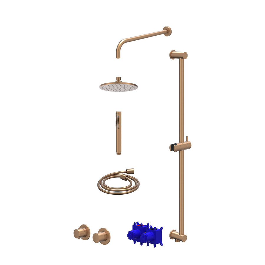 IVY Regendoucheset inbouwthermostaatkraan met 2-weg stop-omstel symmetry, 40cm wandarm, R20cmME, glijstang met uitlaat, doucheslang 150cm en staafmodel – Gebr. mat koper PVD