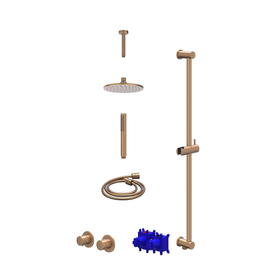 IVY Regendoucheset inbouwthermostaatkraan met 2-weg stop-omstel symmetry, 15cm plafondbuis, R20cmME, glijstang met uitlaat, doucheslang 150cm en staafmodel – Gebr. mat koper PVD