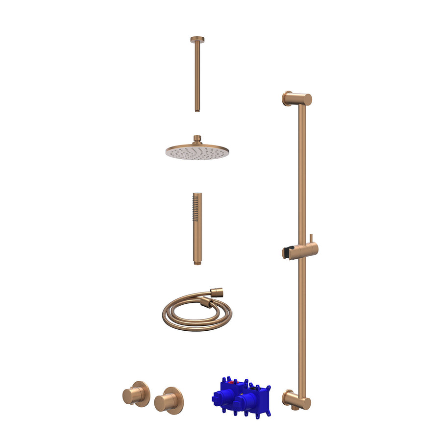 IVY Regendoucheset inbouwthermostaatkraan met 2-weg stop-omstel symmetry, 30cm plafondbuis, R20cmME, glijstang met uitlaat, doucheslang 150cm en staafmodel – Gebr. mat koper PVD
