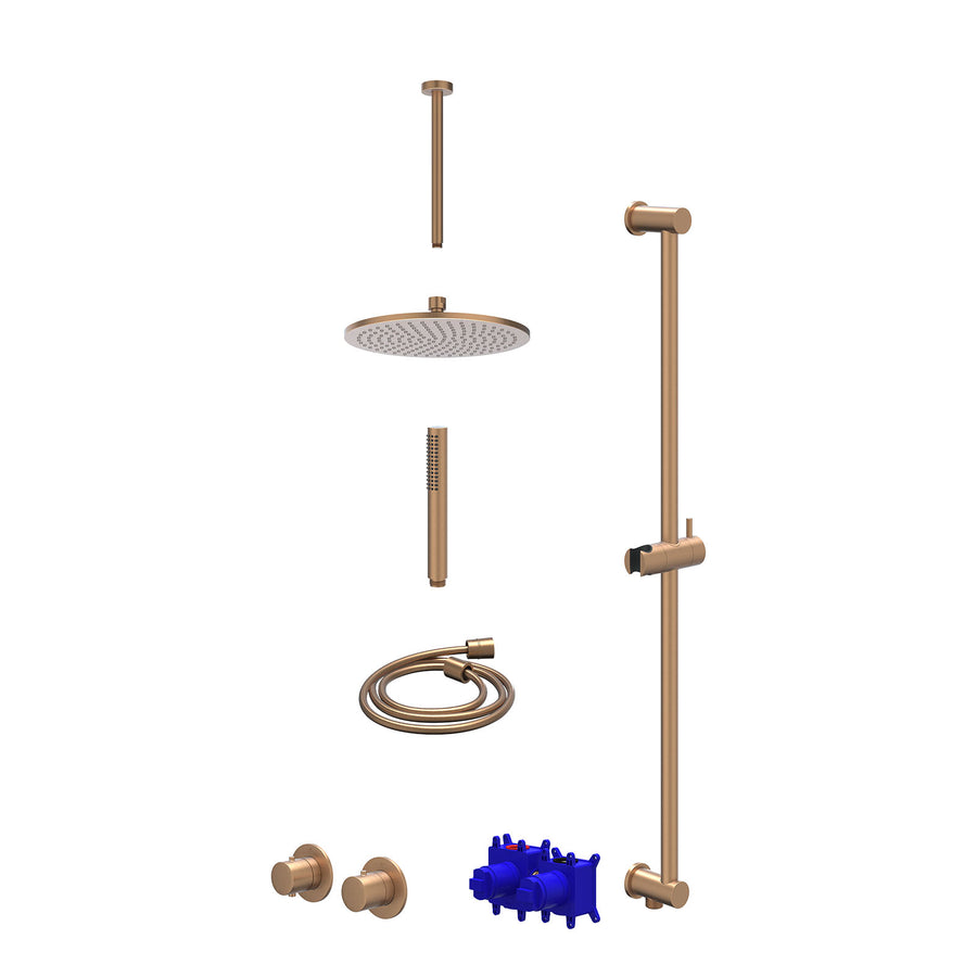 IVY Regendoucheset inbouwthermostaatkraan met 2-weg stop-omstel symmetry, 30cm plafondbuis, R25cmME, glijstang met uitlaat, doucheslang 150cm en staafmodel – Gebr. mat koper PVD