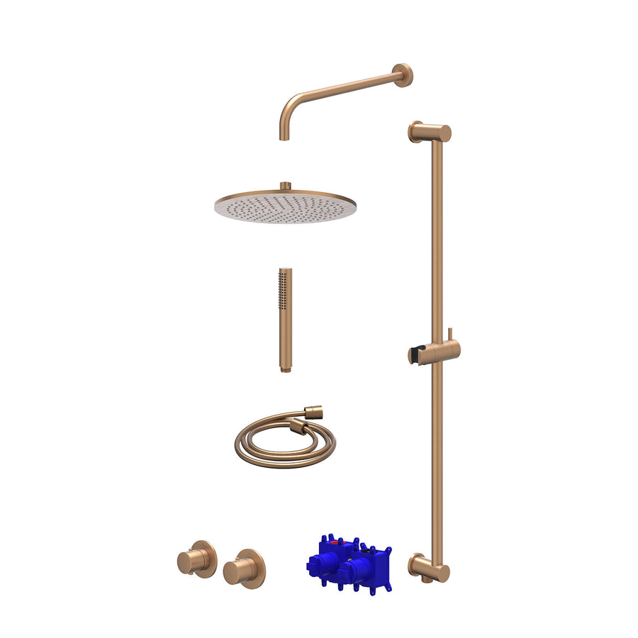 IVY Regendoucheset inbouwthermostaatkraan met 2-weg stop-omstel symmetry, 40cm wandarm, R30cmME, glijstang met uitlaat, doucheslang 150cm en staafmodel – Gebr. mat koper PVD