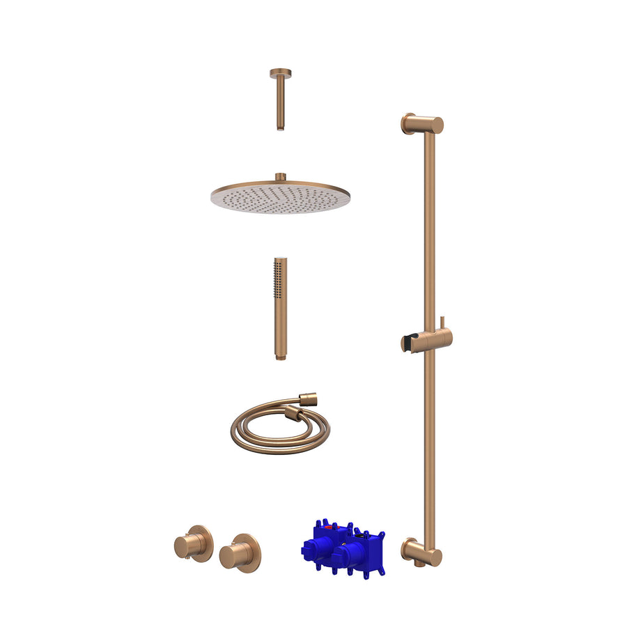 IVY Regendoucheset inbouwthermostaatkraan met 2-weg stop-omstel symmetry, 15cm plafondbuis, R30cmME, glijstang met uitlaat, doucheslang 150cm en staafmodel – Gebr. mat koper PVD