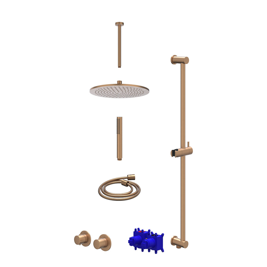 IVY Regendoucheset inbouwthermostaatkraan met 2-weg stop-omstel symmetry, 30cm plafondbuis, R30cmME, glijstang met uitlaat, doucheslang 150cm en staafmodel – Gebr. mat koper PVD
