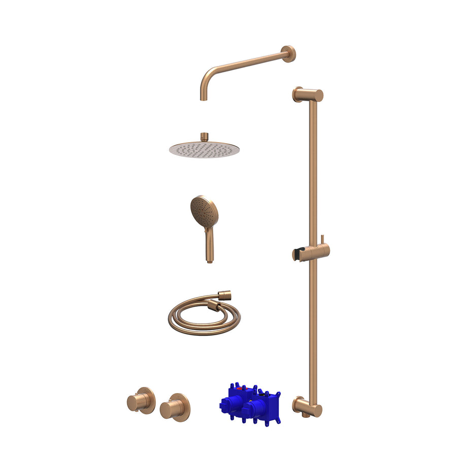 IVY Regendoucheset inbouwthermostaatkraan met 2-weg stop-omstel symmetry, 40cm wandarm, R20cmSL, glijstang met uitlaat, doucheslang 150cm en 3-standen handdouche – Gebr. mat koper 