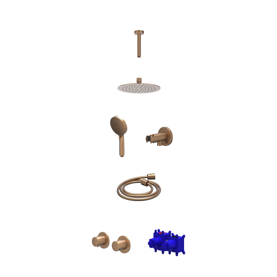 IVY Regendoucheset inbouwthermostaatkraan met 2-weg stop-omstel symmetry, 15cm plafondbuis, R20cmSL, houder met uitlaat, doucheslang 150cm en 3-standen handdouche – Gebr. mat koper