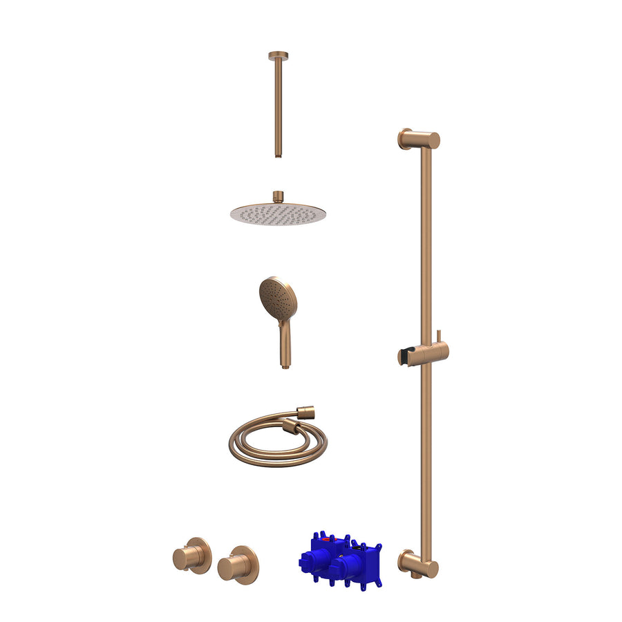 IVY Regendoucheset inbouwthermostaatkraan met 2-weg stop-omstel symmetry, 30cm plafondbuis, R20cmSL, glijstang met uitlaat, doucheslang 150cm en 3-standen handdouche – Gebr. mat ko