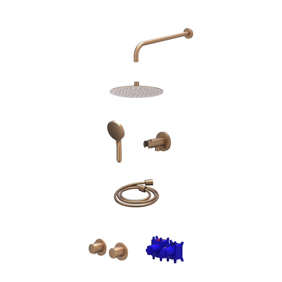 IVY Regendoucheset inbouwthermostaatkraan met 2-weg stop-omstel symmetry, 40cm wandarm, R25cmSL, houder met uitlaat, doucheslang 150cm en 3-standen handdouche – Gebr. mat koper PVD