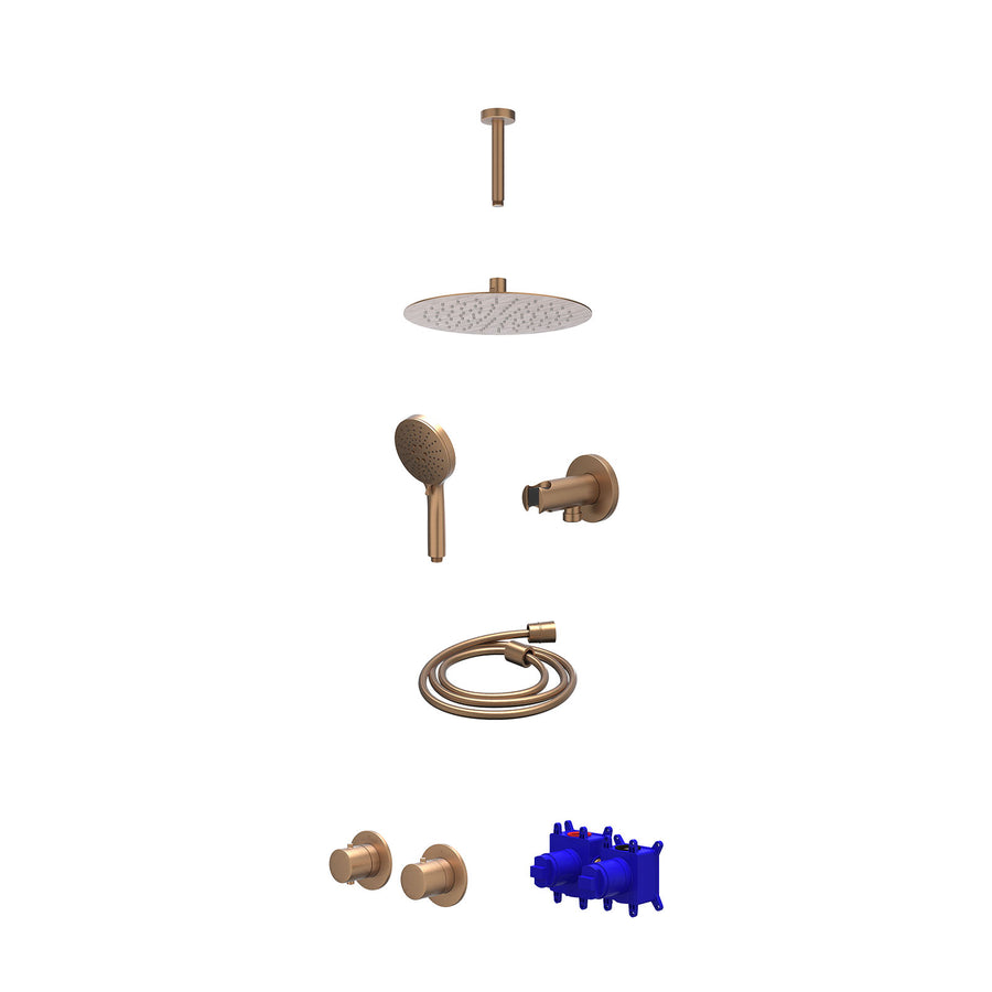 IVY Regendoucheset inbouwthermostaatkraan met 2-weg stop-omstel symmetry, 15cm plafondbuis, R25cmSL, houder met uitlaat, doucheslang 150cm en 3-standen handdouche – Gebr. mat koper