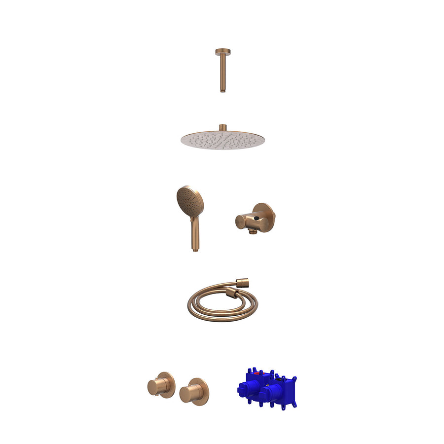 IVY Regendoucheset inbouwthermostaatkraan met 2-weg stop-omstel symmetry, 15cm plafondbuis, R25cmSL, verstelbare steun met geïnt. uitlaat, doucheslang 150cm en 3-standen handdouche