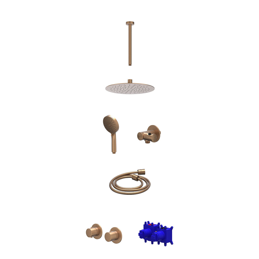 IVY Regendoucheset inbouwthermostaatkraan met 2-weg stop-omstel symmetry, 30cm plafondbuis, R25cmSL, verstelbare steun met geïnt. uitlaat, doucheslang 150cm en 3-standen handdouche