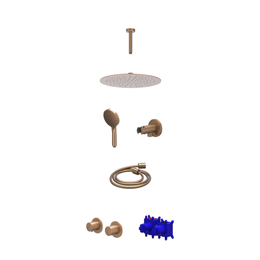 IVY Regendoucheset inbouwthermostaatkraan met 2-weg stop-omstel symmetry, 15cm plafondbuis, R30cmSL, houder met uitlaat, doucheslang 150cm en 3-standen handdouche – Gebr. mat koper