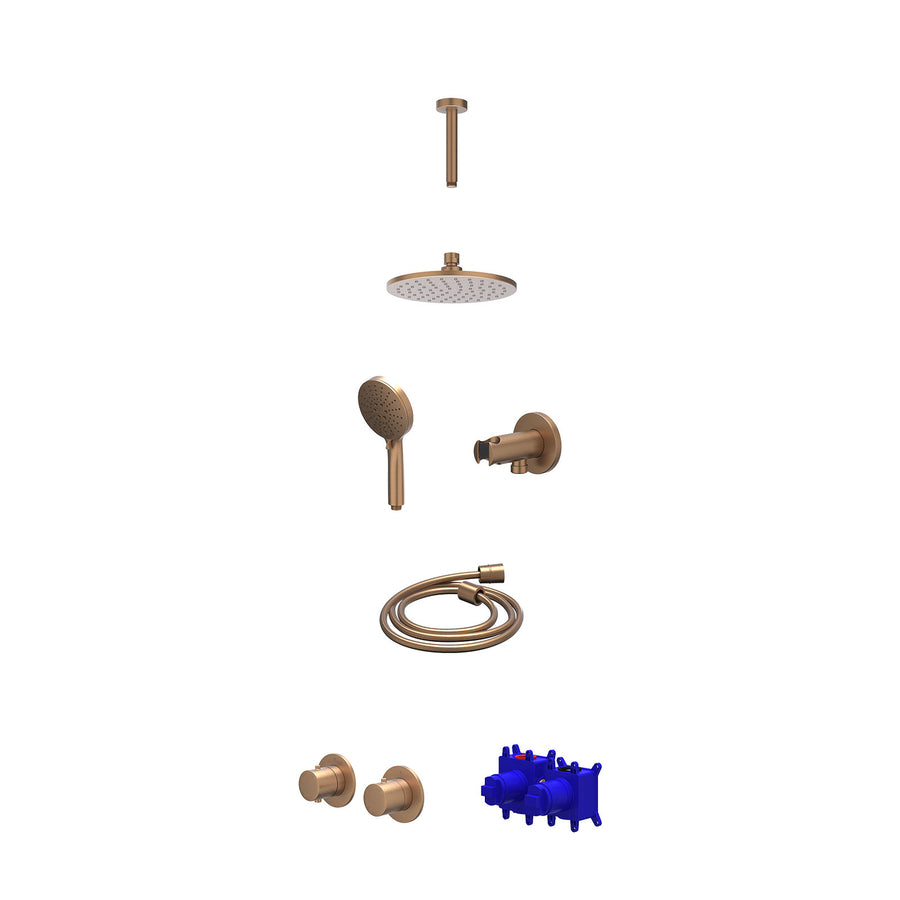 IVY Regendoucheset inbouwthermostaatkraan met 2-weg stop-omstel symmetry, 15cm plafondbuis, R20cmME, houder met uitlaat, doucheslang 150cm en 3-standen handdouche – Gebr. mat koper