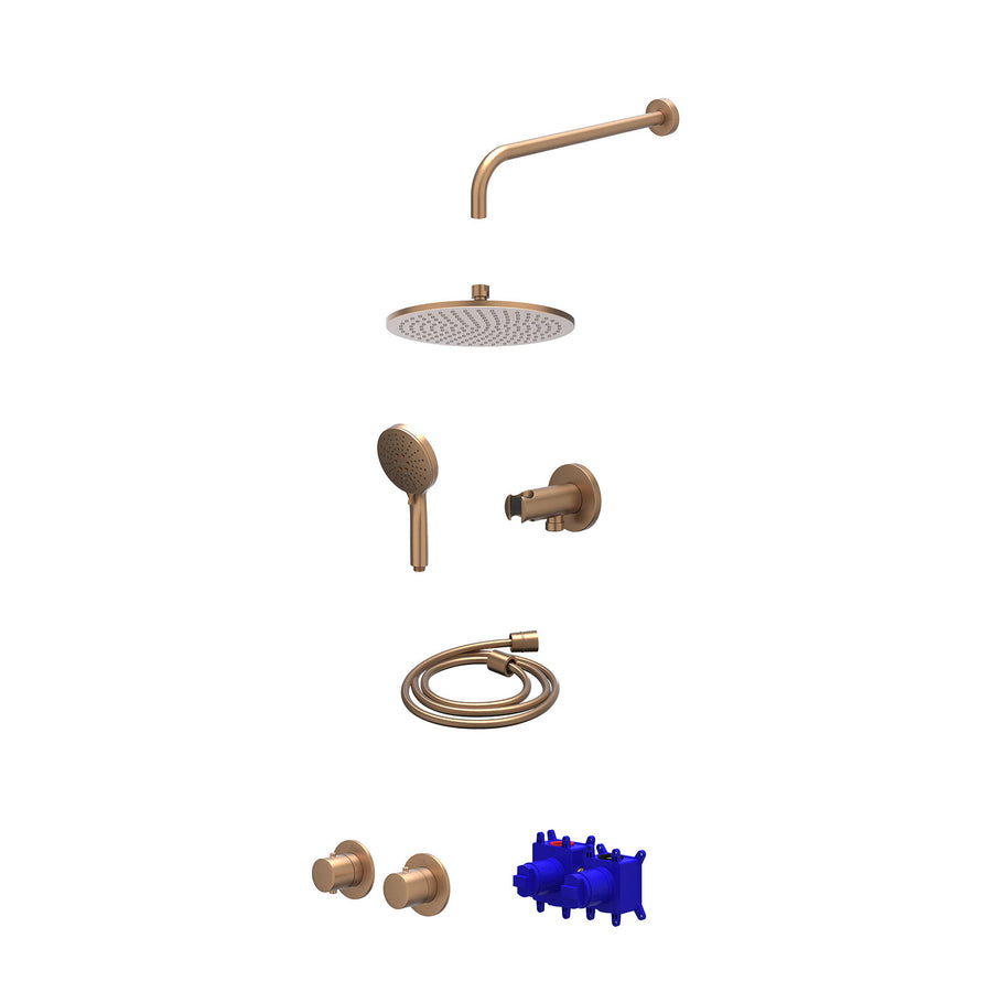 IVY Regendoucheset inbouwthermostaatkraan met 2-weg stop-omstel symmetry, 40cm wandarm, R25cmME, houder met uitlaat, doucheslang 150cm en 3-standen handdouche – Gebr. mat koper PVD