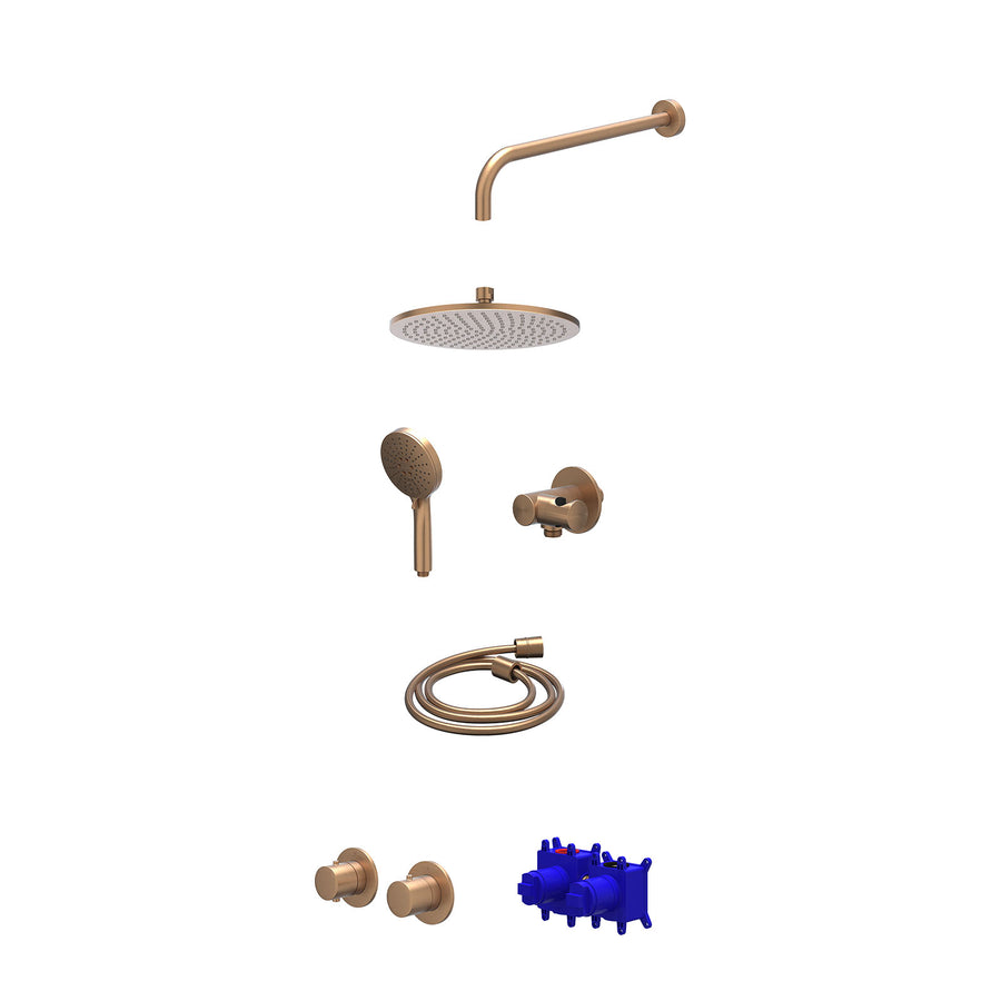 IVY Regendoucheset inbouwthermostaatkraan met 2-weg stop-omstel symmetry, 40cm wandarm, R25cmME, verstelbare steun met geïnt. uitlaat, doucheslang 150cm en 3-standen handdouche – G