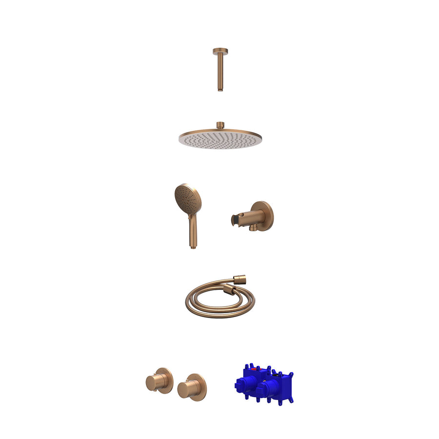 IVY Regendoucheset inbouwthermostaatkraan met 2-weg stop-omstel symmetry, 15cm plafondbuis, R25cmME, houder met uitlaat, doucheslang 150cm en 3-standen handdouche – Gebr. mat koper