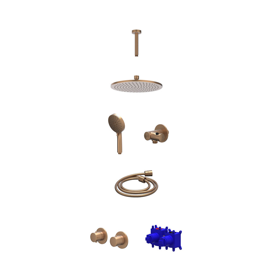 IVY Regendoucheset inbouwthermostaatkraan met 2-weg stop-omstel symmetry, 15cm plafondbuis, R25cmME, verstelbare steun met geïnt. uitlaat, doucheslang 150cm en 3-standen handdouche