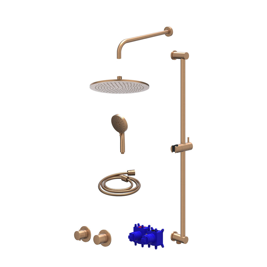 IVY Regendoucheset inbouwthermostaatkraan met 2-weg stop-omstel symmetry, 40cm wandarm, R30cmME, glijstang met uitlaat, doucheslang 150cm en 3-standen handdouche – Gebr. mat koper 
